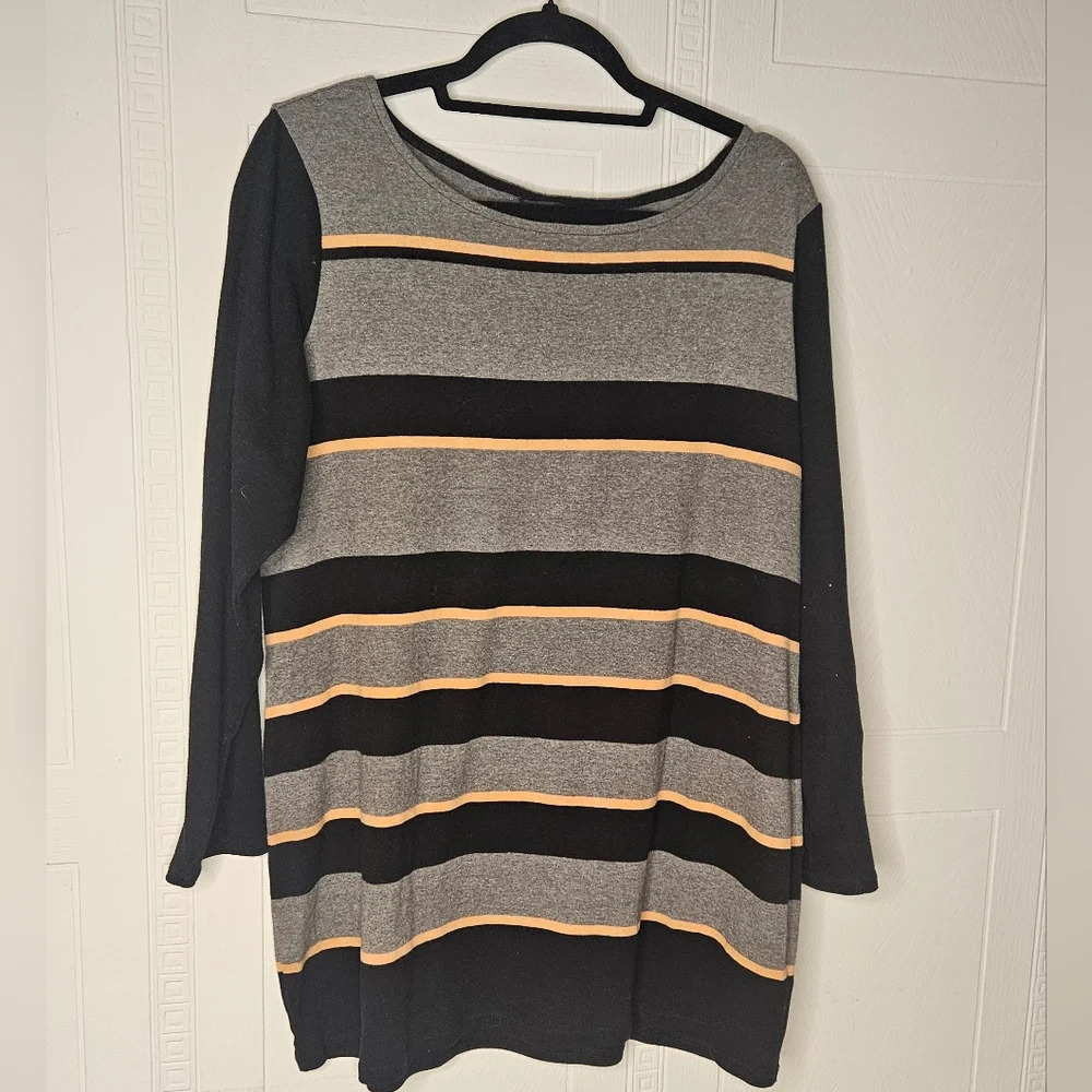 M&S Collection Gray Striped Cotton Blend Long Sleeve Scoop Neck Tunic UK…
